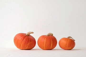 Minimalist fall holidays concept, Halloween or Thanksgiving background, three pumpkins in a row on light beige table and white wall background, soft natural light