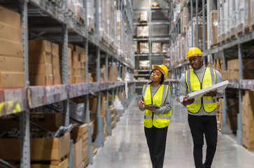 Portrait african american engineer team shipping order detail on tablet export and import,goods,factory,warehouse,international trade,transportation,cargo ship,logistic,distribution.business industry