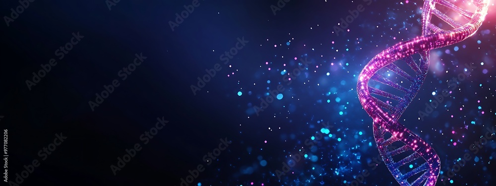 Poster glowing dna double helix with scattered particles