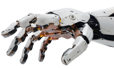 Detailed closeup of futuristic robot hand showcasing advanced mechanical engineering with articulated fingers and illuminated joints, on transparent background. Cut out robotic hand.