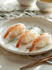 Nigiri Akagai light background, Seared Ark shell clam, Japanese Nigiri close up