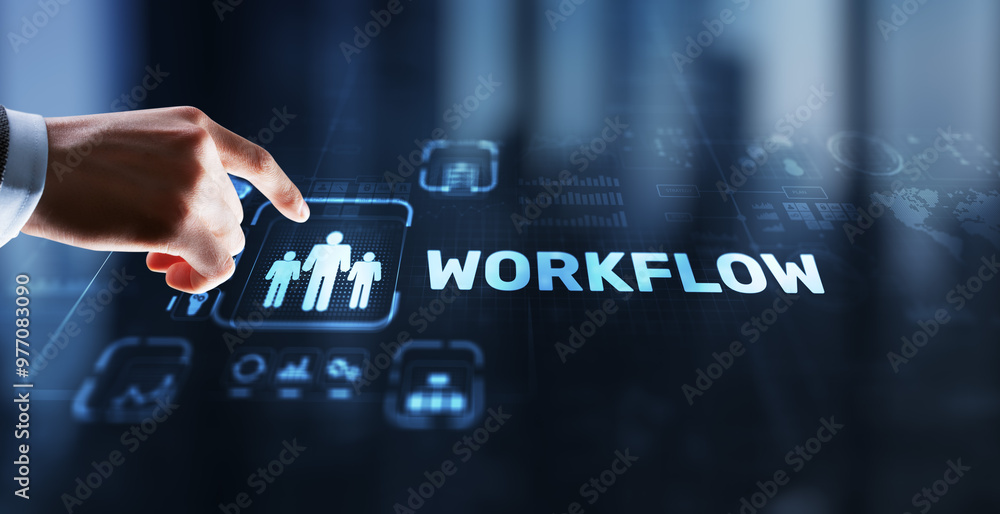 Poster workflow repeatability systematization business process. business technology internet