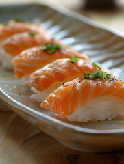 Seared aji sushi Nigiri, Japanese Nigiri with light beige background, gourmet food photo