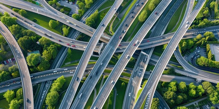 Aerial drone top view photo of highway multilevel junction interchange road in an urban populated area