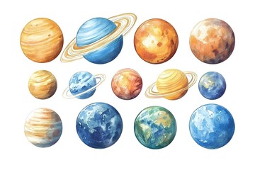 A charming children's poster featuring a set of different planets in watercolor technique, perfect for a space-themed room or educational purposes.
