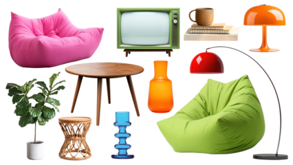 PNG retro furniture home decoration set, transparent background