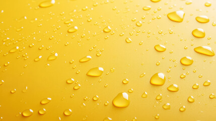 Aesthetic water drops on yellow background, copy space in the center. Presentation template. Generative AI