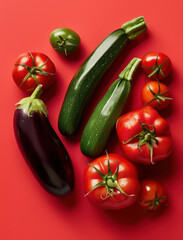 Bold Flat Lay Photo of Spanish Pisto with Eggplant, Zucchini, Tomatoes, and Peppers
