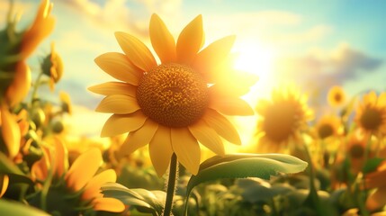 Obraz premium Closeup of a sunflower in a field with a golden sunset.