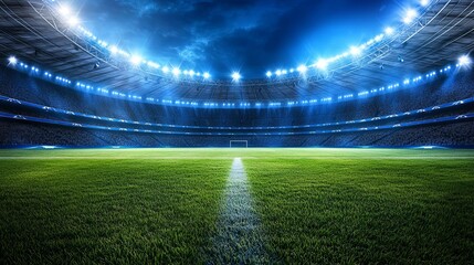 A modern soccer stadium with a lush green field and bright blue spotlights.  The perfect setting for a championship football match.