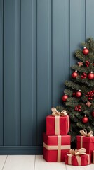 Christmas Gifts and Decorated Tree Against a Blue Wooden Wall