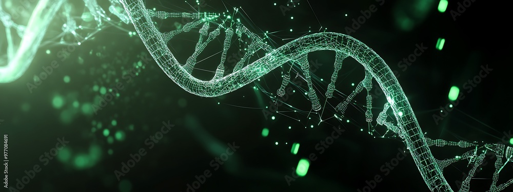 Poster a green and glowing dna double helix structure