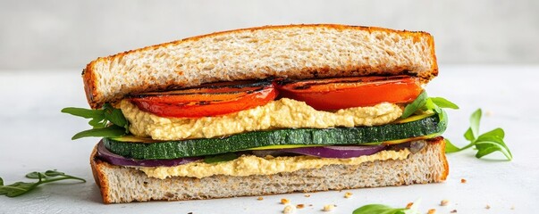 A delicious sandwich filled with fresh vegetables and hummus, ideal for healthy meals and snacks on the go.