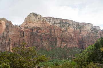 A stunning view of red rocks on a cloudy day at Zion National Park, Utah.