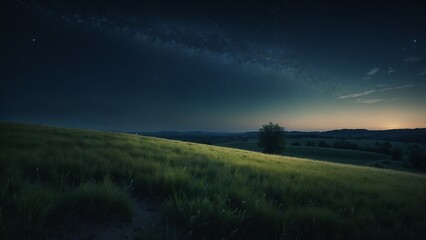 Serenade night with stars above a grassy hill and a soft glow on the horizon