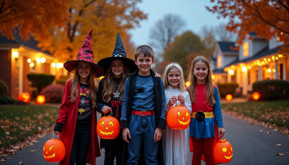 Fototapeta premium Children in Halloween costumes trick-or-treating on a decorated street at twilight, capturing festive excitement.