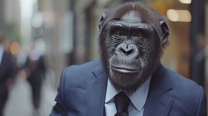 Close-up Portrait of a Serious Chimpanzee Wearing a Suit and Tie on a Busy City Street