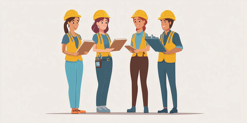 vector illustration construction worker woman wearing PPEs, machinery in the background., construction site. hard hat, safety glasses, safety boots. Personal protection equipment. architect, engineer