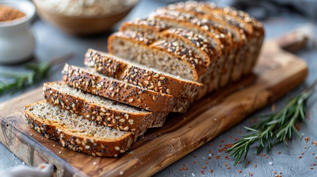 Freshly baked whole grain bread loaf with slices on wooden board, surrounded by scattered seeds. Concept of homemade baking, healthy nutrition, and artisanal food. 