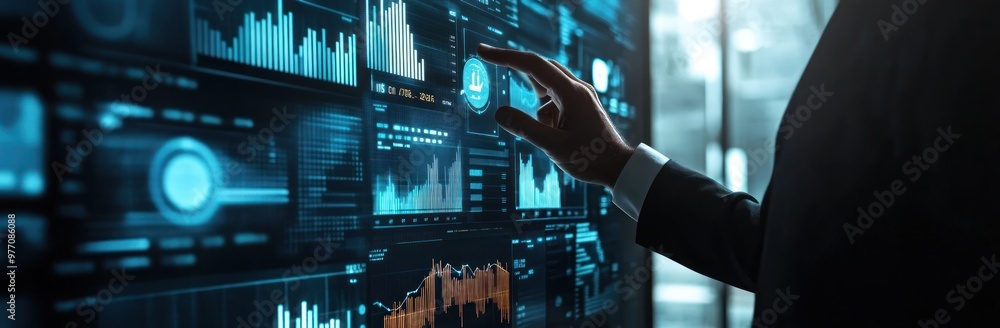 Poster businessman interacting with data visualizations on a large screen