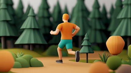 3D cartoon runner pacing through a forest trail, their goal visible far ahead, symbolizing long-term endurance and persistence