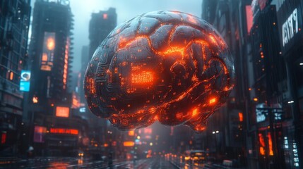 Futuristic Cityscape with Glowing AI Brain Generative AI
