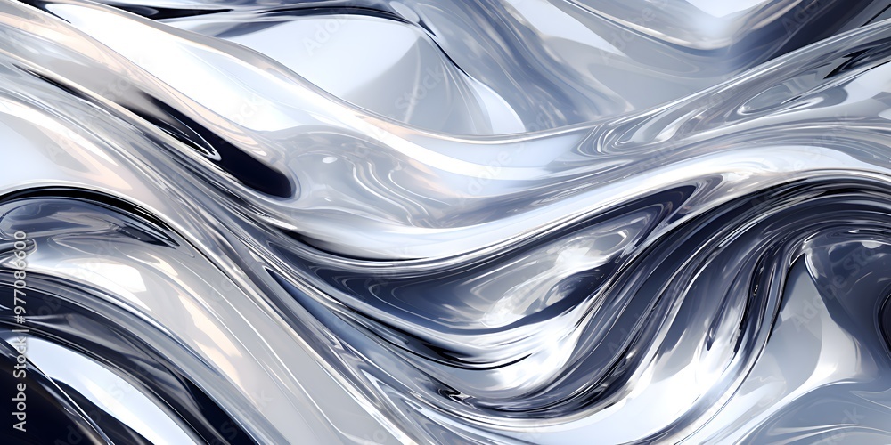 Poster 3d rendering curve silver chrome fluid liquid wallpaper. plastic water color swirl gradient mesh. vi