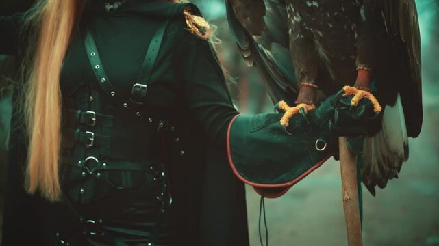art fantasy woman warrior holding white-tailed eagle on hand. Princess girl blond with wild bird. Lady assassin queen hunter black leather costume. dark forest trees fog. Sexy body part face cropped