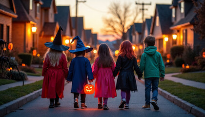 Fototapeta premium Children in Halloween costumes trick-or-treating on a decorated street at twilight, capturing festive excitement.
