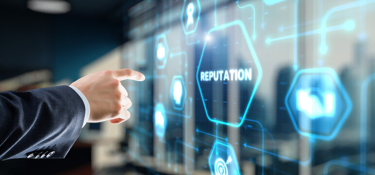 Businessman presses a button Reputation. Management Branding Concept