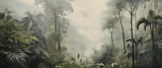 Abstract artistic wall art with bird standing on trees in Renaissance style . Retro, nostalgic, vintage canvas. Textured background. Oil on canvas. modern mural art