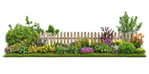 Vibrant garden landscape with various flowers and wooden fence