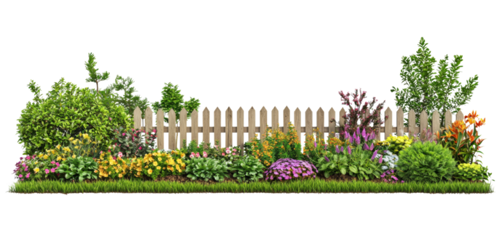 Vibrant garden landscape with various flowers and wooden fence