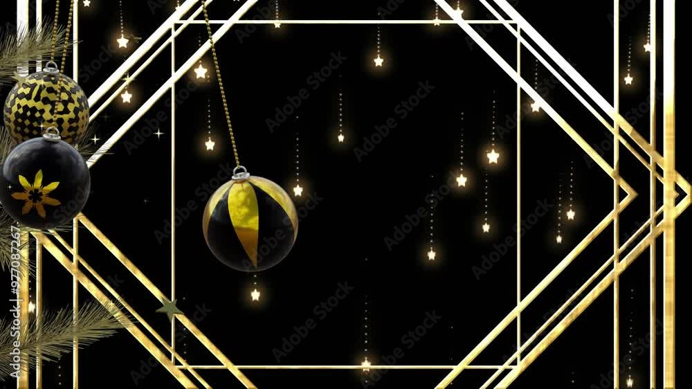 Wall mural Swinging black and gold christmas baubles over falling stars and gold lines on black background