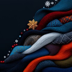 Winter Knitted Texture Background with Snowflakes and Red Berries