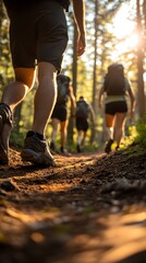 Obraz premium A group of friends hiking in the forest at sunrise, a close-up shot focusing on their shoes and legs as they walk along an old trail with scattered pine trees around them