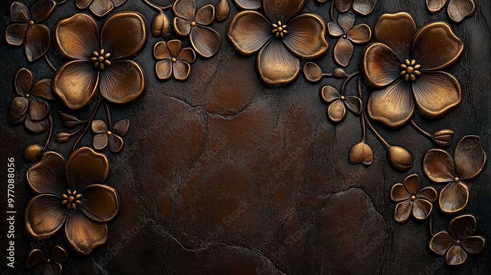 Wall mural Intricate metal flowers form a border on a textured dark brown background.