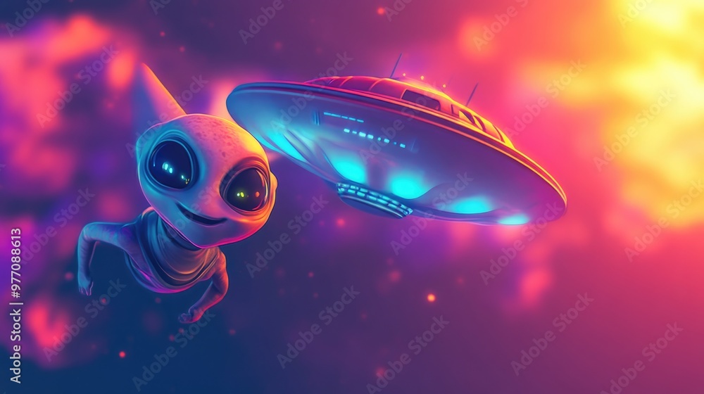 Poster whimsical alien character from outer space with a unique spacecraft soaring through the cosmos playf