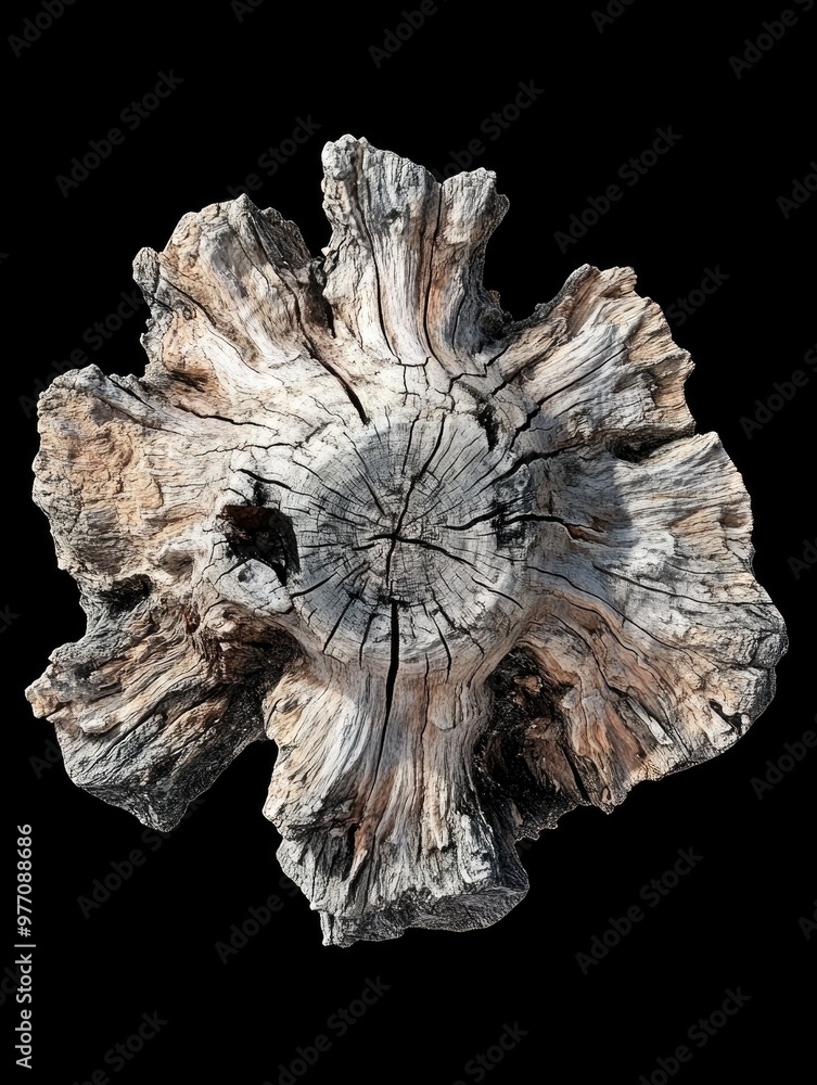 Poster fantasy 3d rendering of a dried tree stump isolated on a black background viewed from above