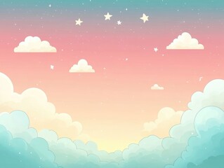 Pastel colored sky backdrop featuring clouds and stars Enchanting soft hued landscape illustration 2D cartoon gradient design