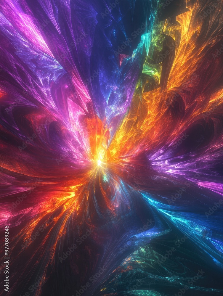 Poster abstract multicolor fractal light background resembling a supernova in a fantastical 3d rendering