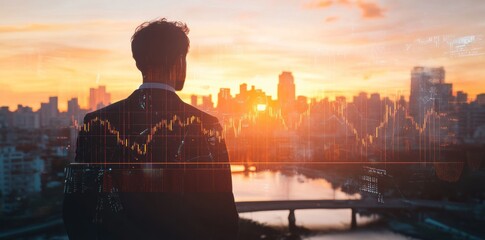 Fototapeta premium Businessman looking at city skyline during sunset