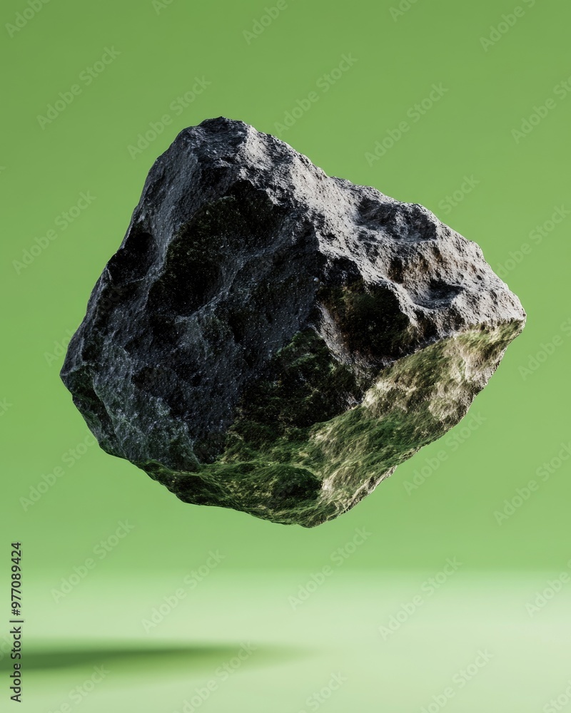 Poster dark asteroid with a rocky texture isolated on a green backdrop rendered in 3d