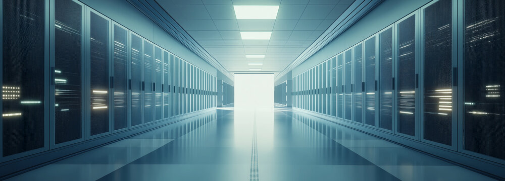 Art visualization corridor of data warehouse in warning red toning. Design web hosting technology big data center background. Network server room with parallel rows of mainframe. Corridor in big worki