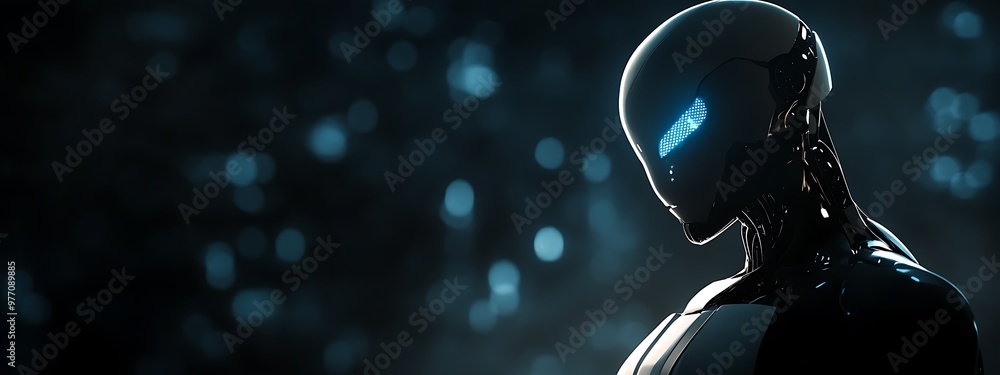 Poster a black robot with a blue eye gazing forward in a dark and bokeh background