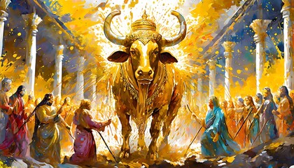 Worship Golden Calf – A symbolic representation of the ancient event featuring a golden calf idol, surrounded by figures in adoration, evoking themes of faith, idolatry, and devotion with histo