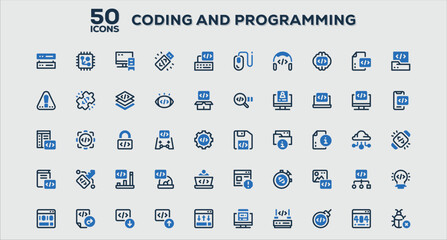 Set of 50 outline icons related to Coding and Programming. Linear icon collection. Editable stroke. Vector illustration