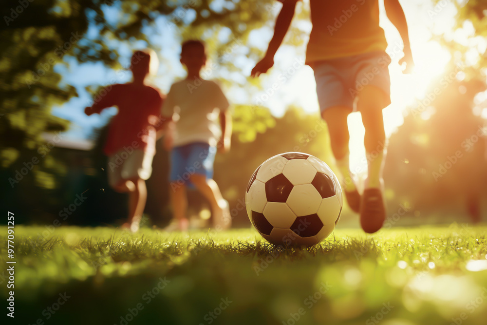 Wall mural group of children playing soccer in the park on a sunny afternoon.