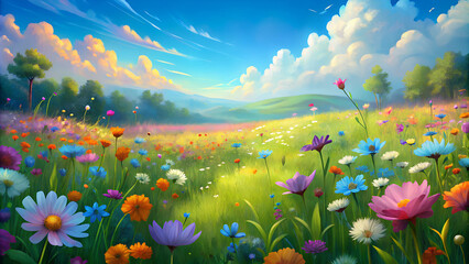 Vibrant meadow filled with colorful wildflowers under a bright blue sky with fluffy clouds