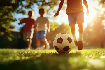 Group of children playing soccer in the park on a sunny afternoon.
